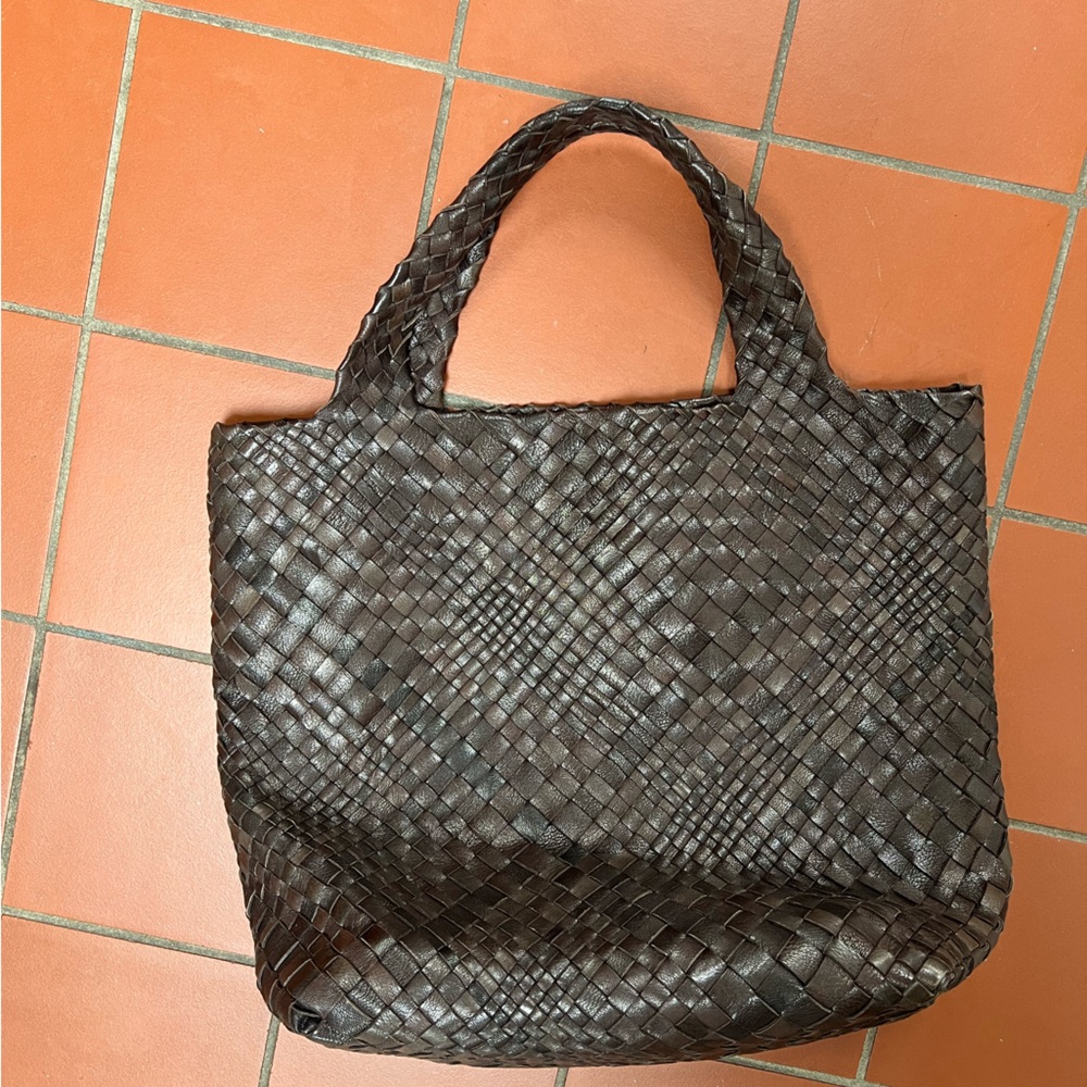Falor Woven Italian Soft Genuine Leather Shoulder Tote Bag, Brown-Made In Italy